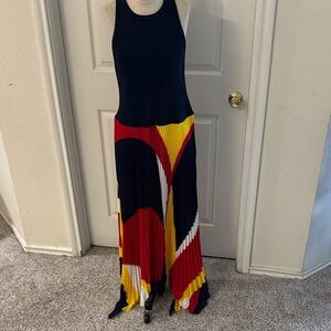 Colorblock Pleated Maxi Dress in Navy, Red & Yellow
